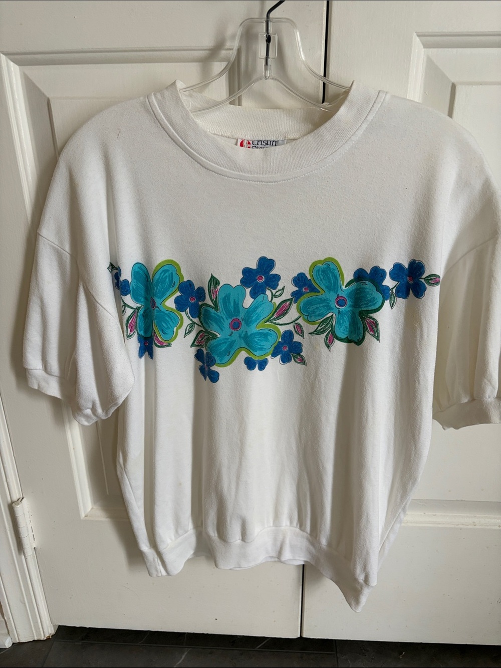 Blue and White Floral Print Short Sleeve Top